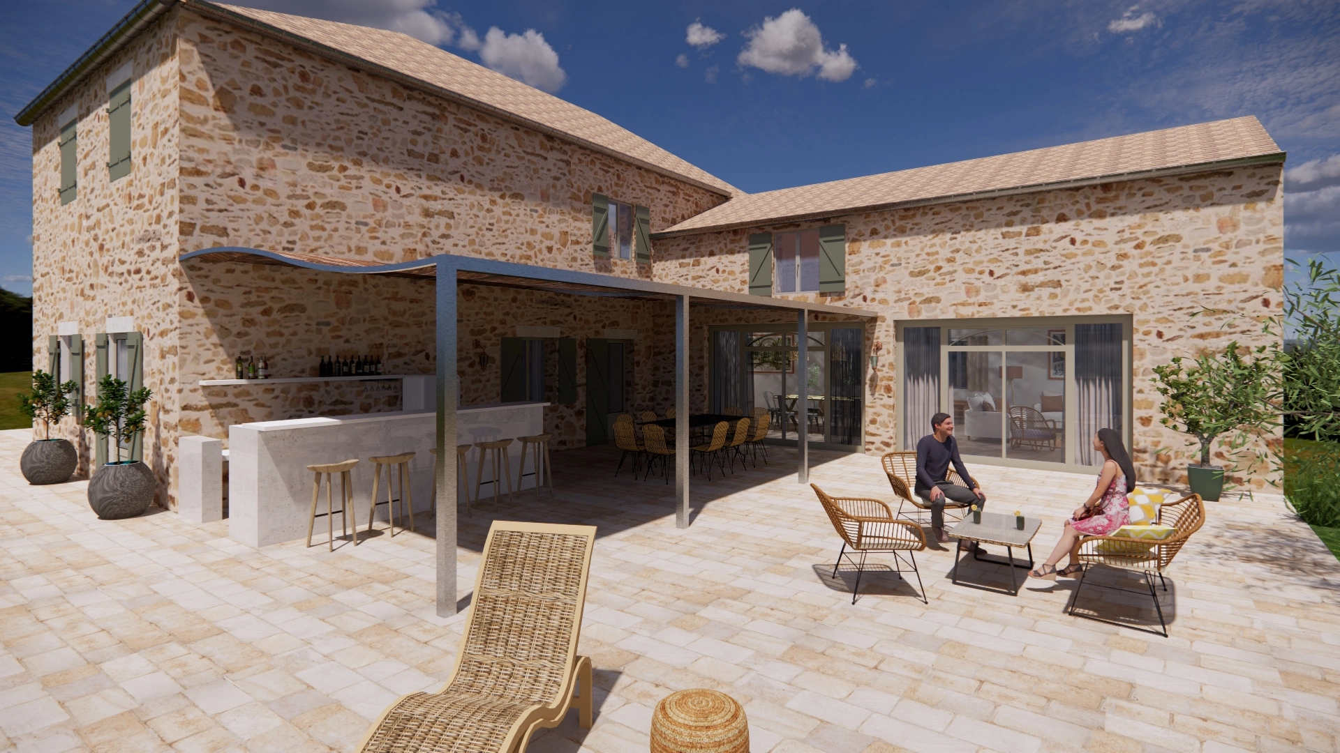 Cova. Décoration style provençal.
Aménagement d'une terrasse et d'une cuisine d'été dans une maison de campagne